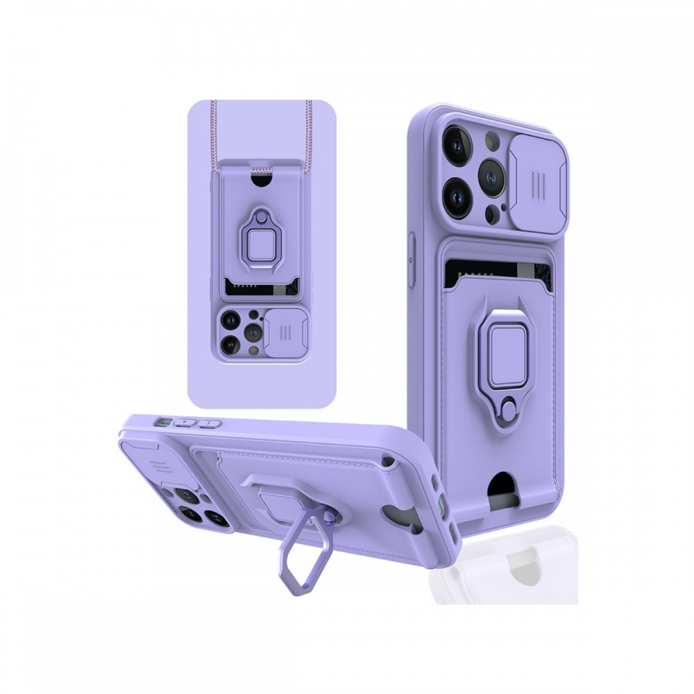 iPhone 13 Pro Newface Zuma serisi kart bölmeli sürgülü kamera korumalı metal yüzük standlı mat silikon darbe emici telefon kılıfı