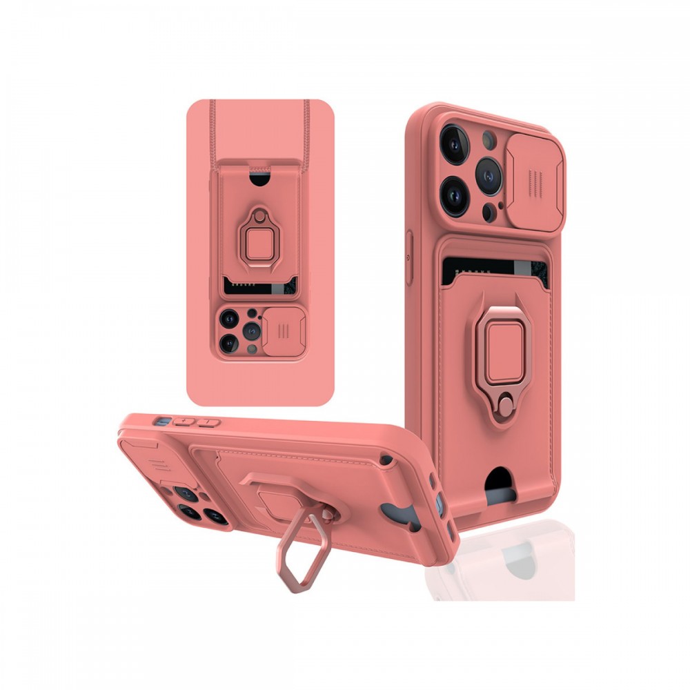 iPhone 13 Pro Newface Zuma serisi kart bölmeli sürgülü kamera korumalı metal yüzük standlı mat silikon darbe emici telefon kılıfı