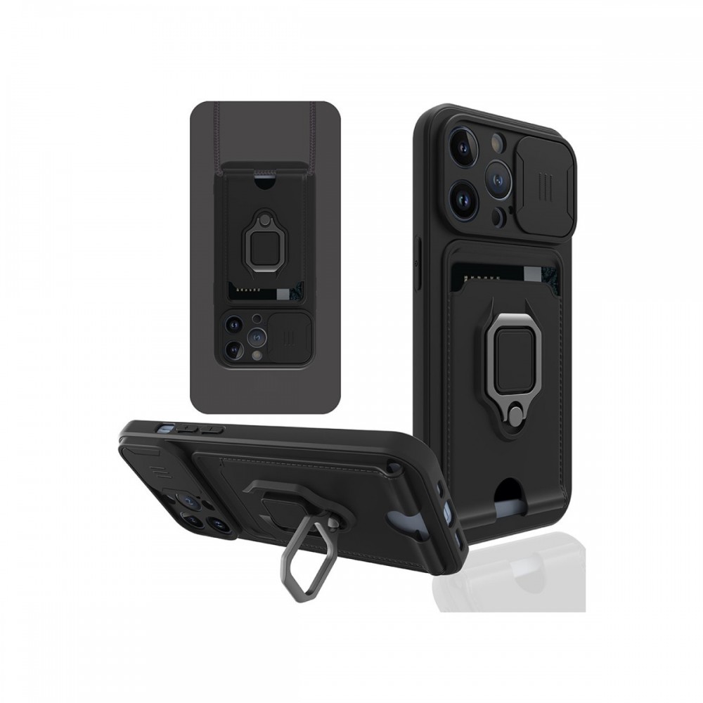 iPhone 13 Pro Newface Zuma serisi kart bölmeli sürgülü kamera korumalı metal yüzük standlı mat silikon darbe emici telefon kılıfı