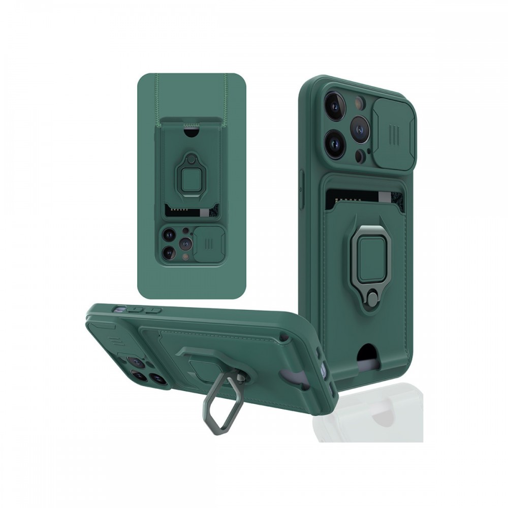 iPhone 13 Pro Newface Zuma serisi kart bölmeli sürgülü kamera korumalı metal yüzük standlı mat silikon darbe emici telefon kılıfı