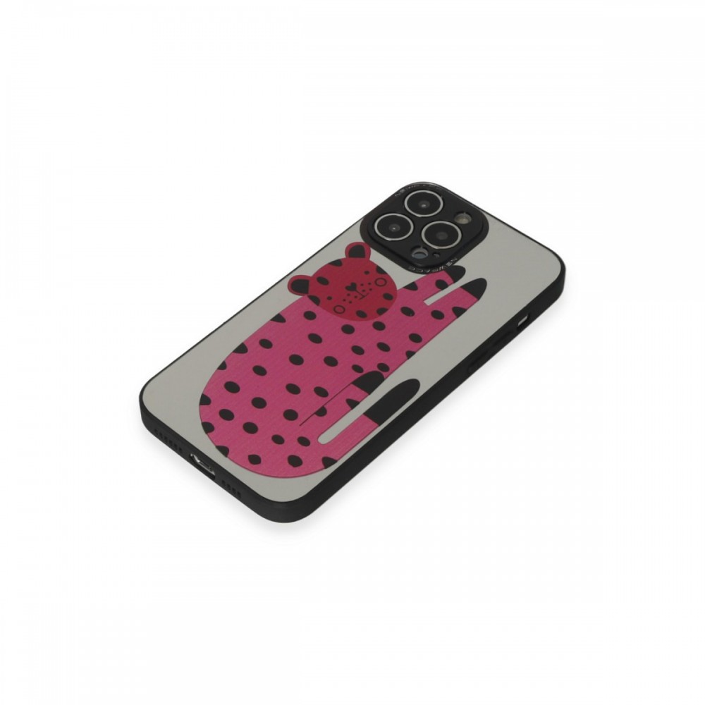 iPhone 13 Pro Max Newface Mirror serisi parlak yansımalı arka yüzeyli retro desenli dijital kolaj temalı koruyucu telefon kılıfı