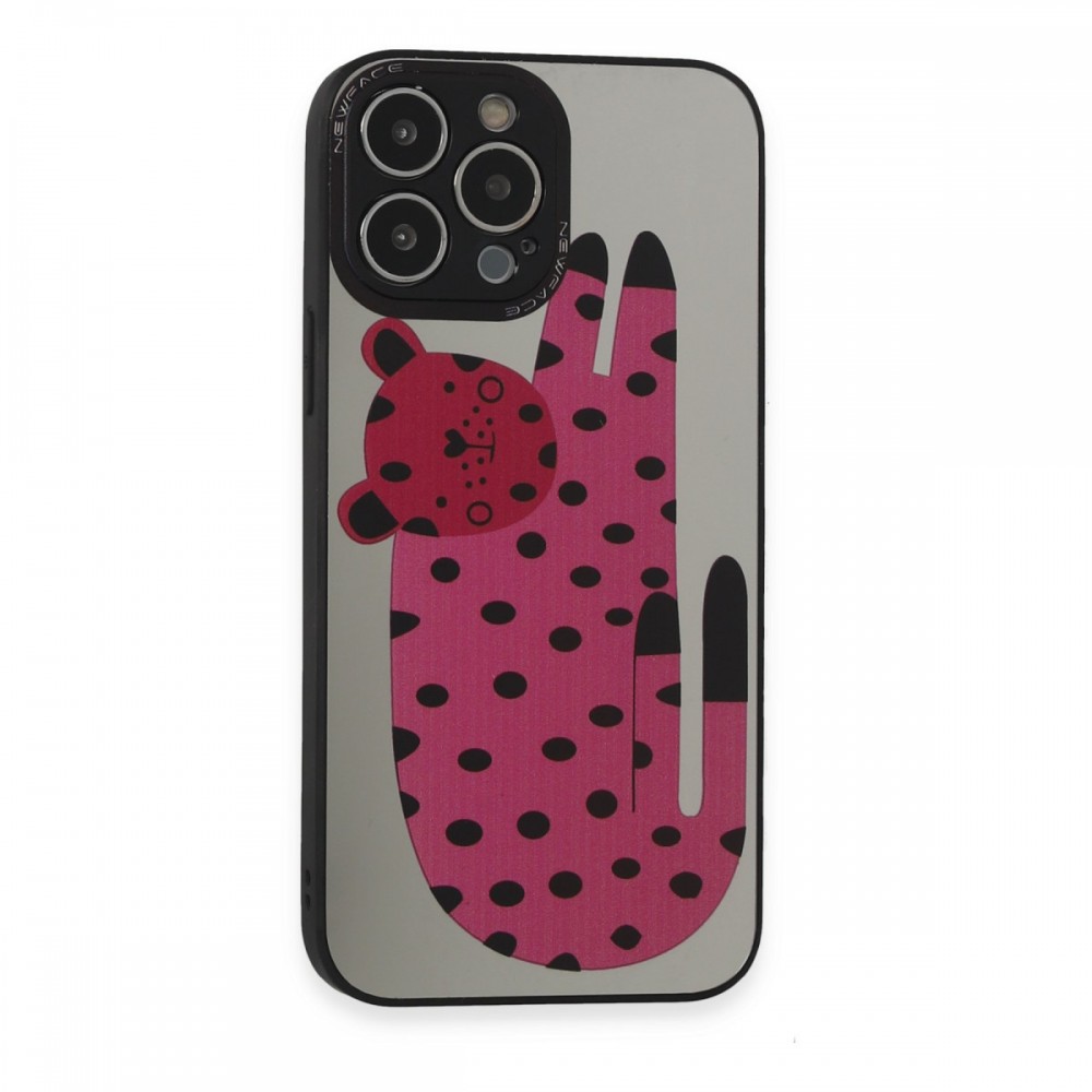 iPhone 13 Pro Max Newface Mirror serisi parlak yansımalı arka yüzeyli retro desenli dijital kolaj temalı koruyucu telefon kılıfı