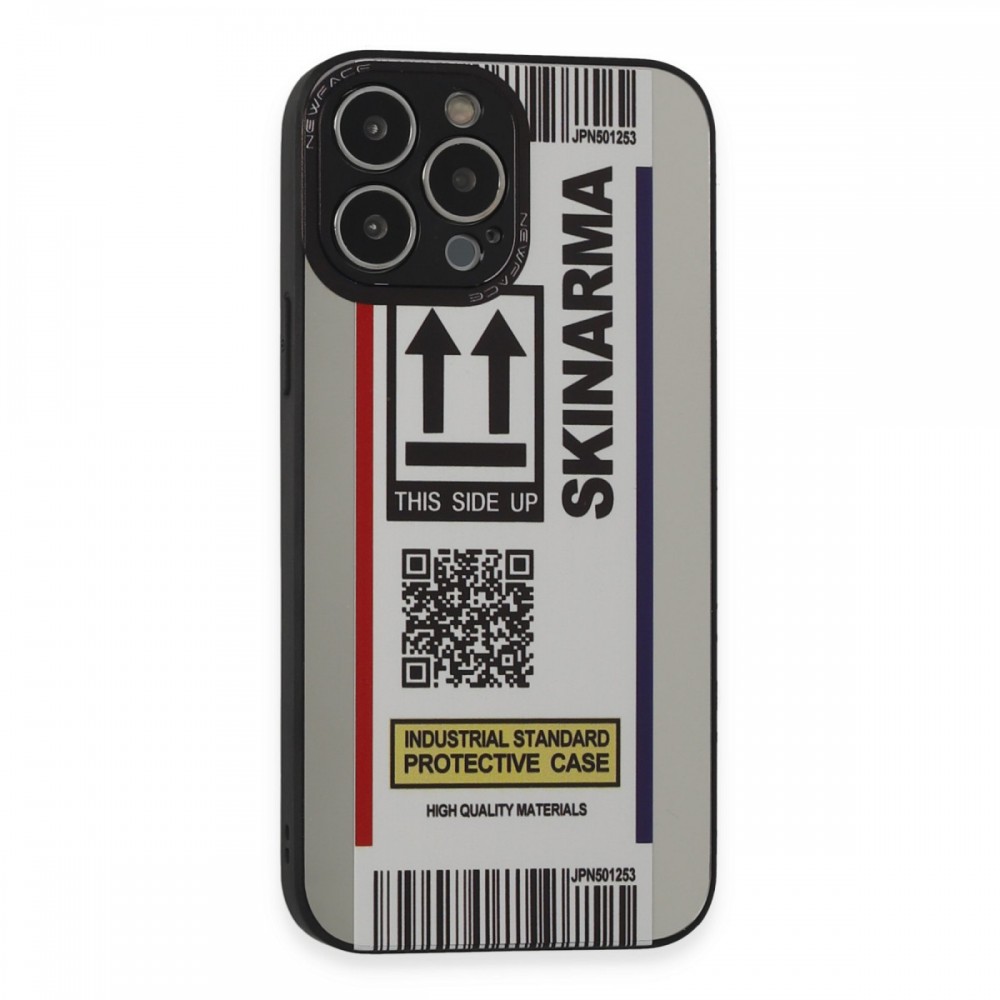 iPhone 13 Pro Max Newface Mirror serisi parlak yansımalı arka yüzeyli retro desenli dijital kolaj temalı koruyucu telefon kılıfı