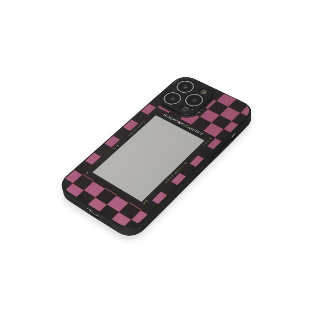 iPhone 13 Pro Max Newface Mirror serisi parlak yansımalı arka yüzeyli retro desenli dijital kolaj temalı koruyucu telefon kılıfı