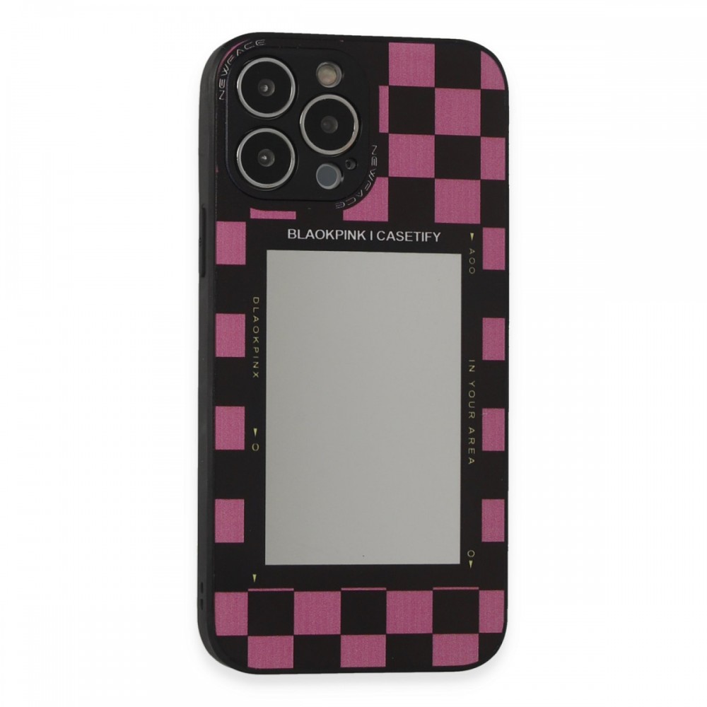 iPhone 13 Pro Max Newface Mirror serisi parlak yansımalı arka yüzeyli retro desenli dijital kolaj temalı koruyucu telefon kılıfı