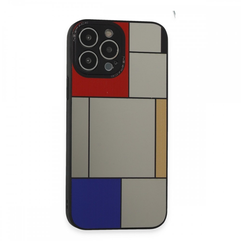 iPhone 13 Pro Max Newface Mirror serisi parlak yansımalı arka yüzeyli retro desenli dijital kolaj temalı koruyucu telefon kılıfı