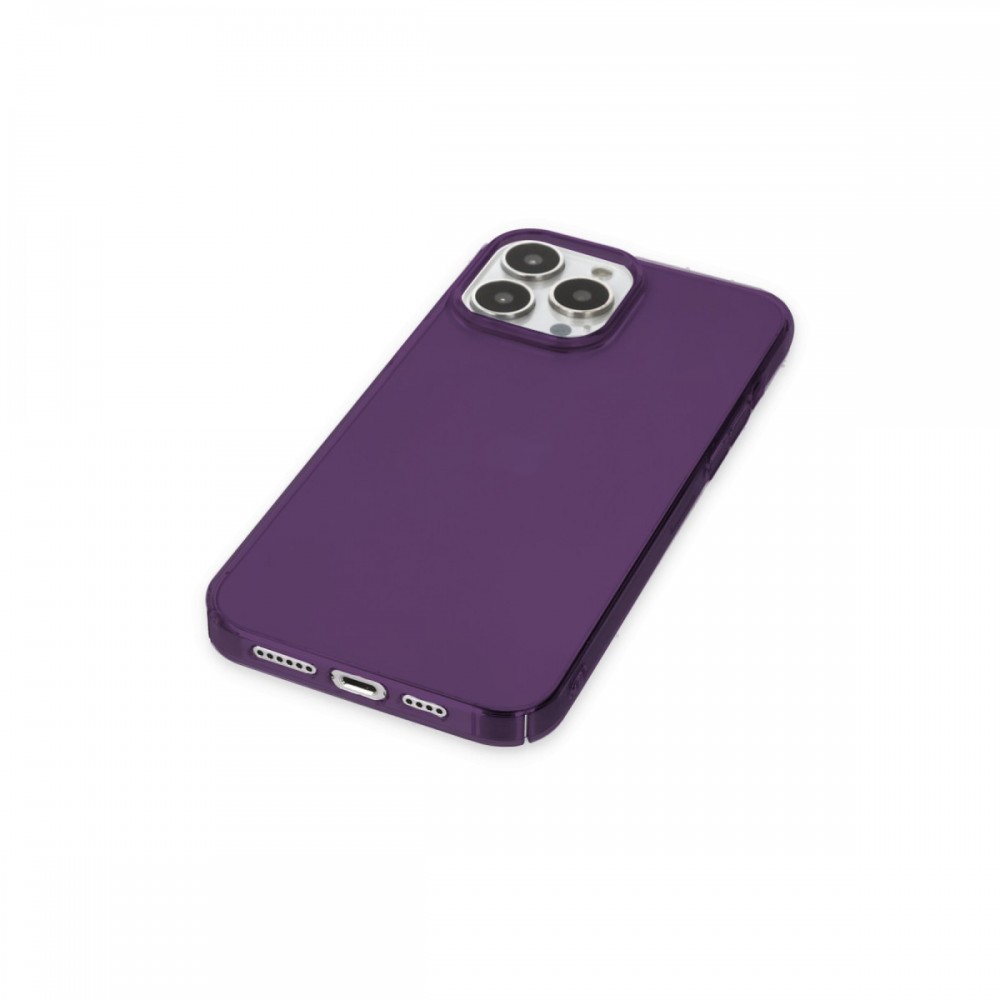 iPhone 13 Pro Max Newface PC sert şeffaf mor renkli darbe korumalı modern tasarımlı telefon kılıfı