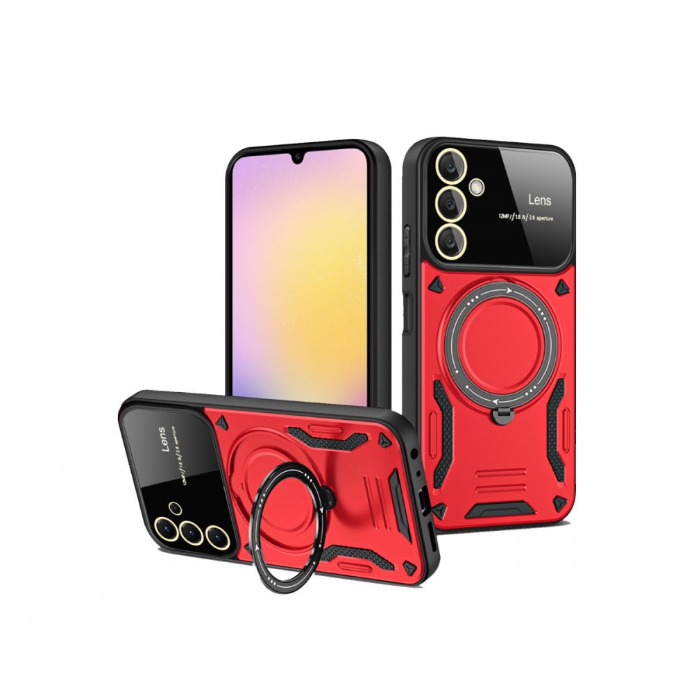 Samsung Galaxy S25 Newface Joy kılıf lens standlı 360 derece döner parmak halkası 180 derece katlanabilir stand askeri düzey darbe koruması siyah şık kapak