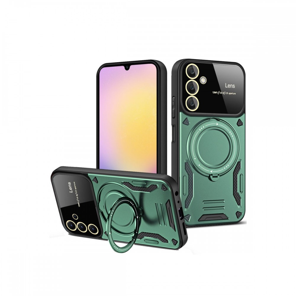 Samsung Galaxy S25 Newface Joy kılıf lens standlı 360 derece döner parmak halkası 180 derece katlanabilir stand askeri düzey darbe koruması siyah şık kapak