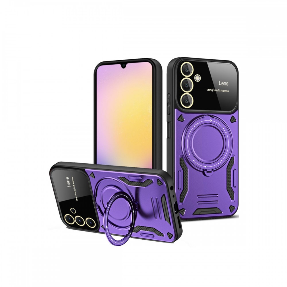 Samsung Galaxy S25 Newface Joy kılıf lens standlı 360 derece döner parmak halkası 180 derece katlanabilir stand askeri düzey darbe koruması siyah şık kapak