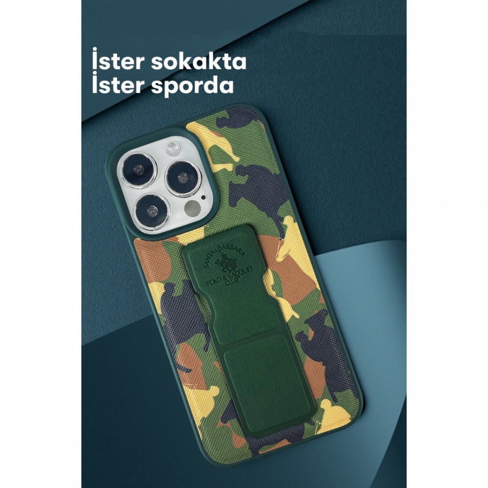 iPhone 13 Pro Max Santa Barbara Polo Racquet Club Enos kılıf entegre standlı video izleme özellikli lisanslı darbe emici silikon kapak