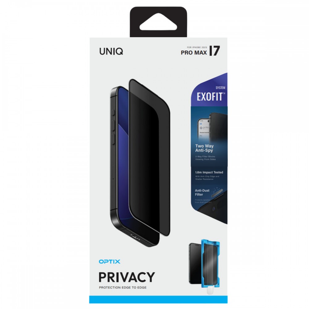 Apple iPhone 17 Pro Max Ekran Koruyucu | Uniq Optix Exofit Privacy | Kolay Uygulama Aparatlı Hayalet Cam | MobixMood