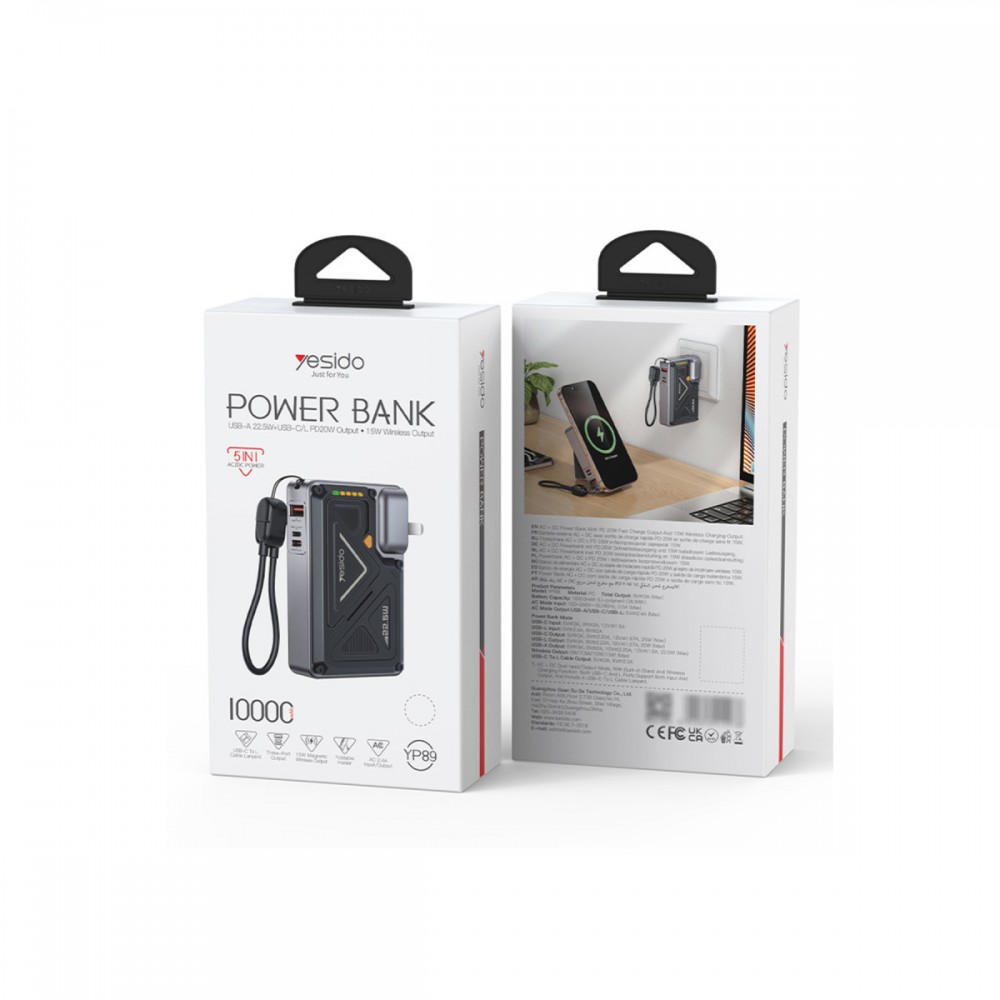 Yesido YP89 Akım Korumalı ve Stantlı 10.000 mAh 5in1 22.5W PD ve 15W Kablosuz Hızlı Şarj Destekli Magsafe Powerbank - Siyah